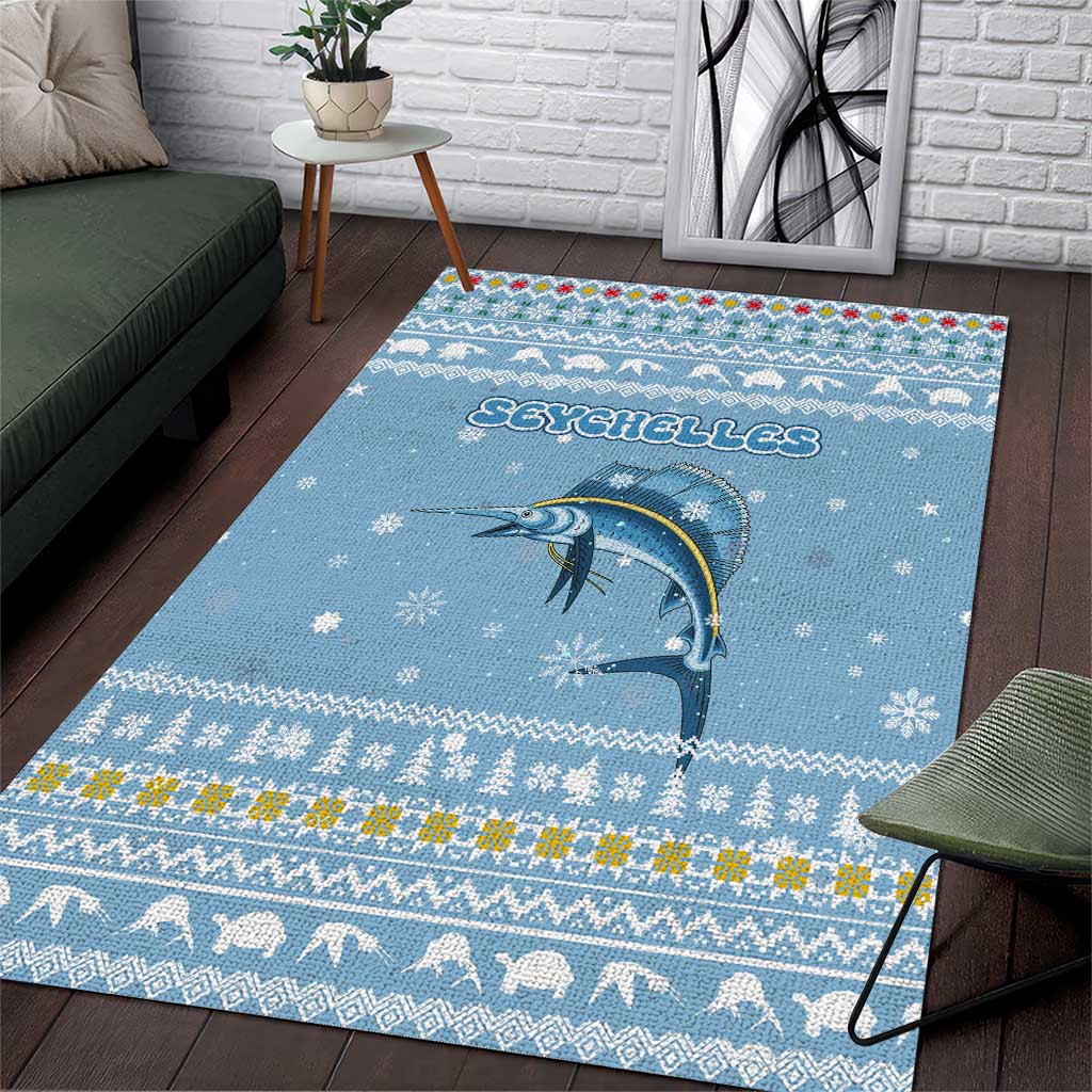 Seychelles Christmas Area Rug Ocean Blue Marlin Fish Artwork and Surfing Santa Motif - African Pride