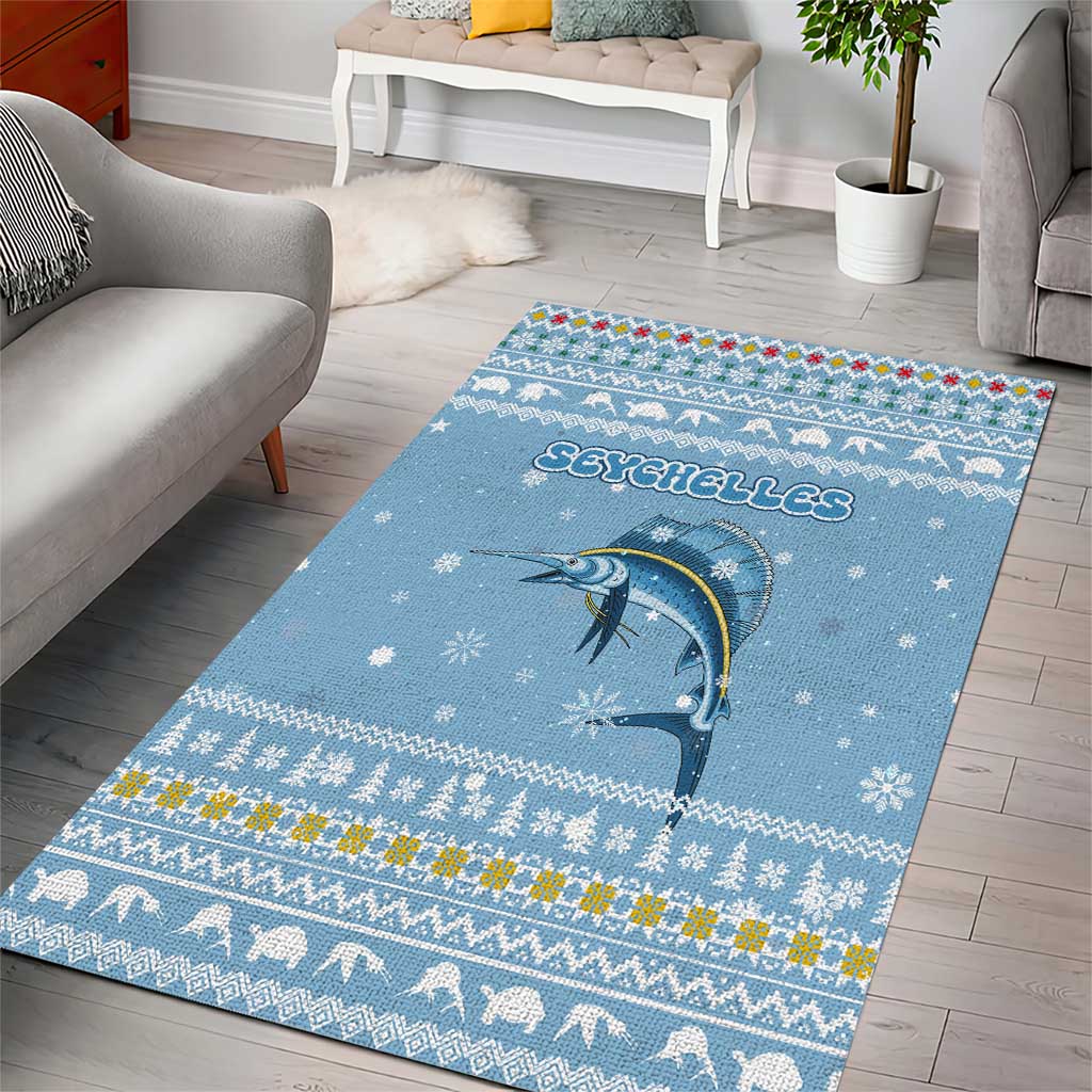 Seychelles Christmas Area Rug Ocean Blue Marlin Fish Artwork and Surfing Santa Motif - African Pride
