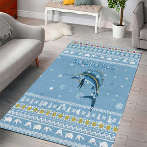 Seychelles Christmas Area Rug Ocean Blue Marlin Fish Artwork and Surfing Santa Motif - African Pride