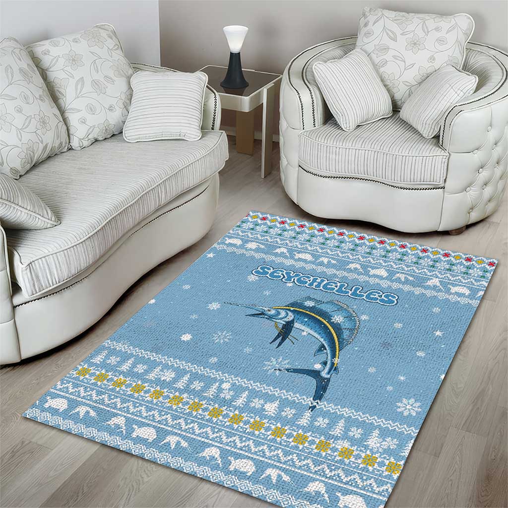 Seychelles Christmas Area Rug Ocean Blue Marlin Fish Artwork and Surfing Santa Motif - African Pride