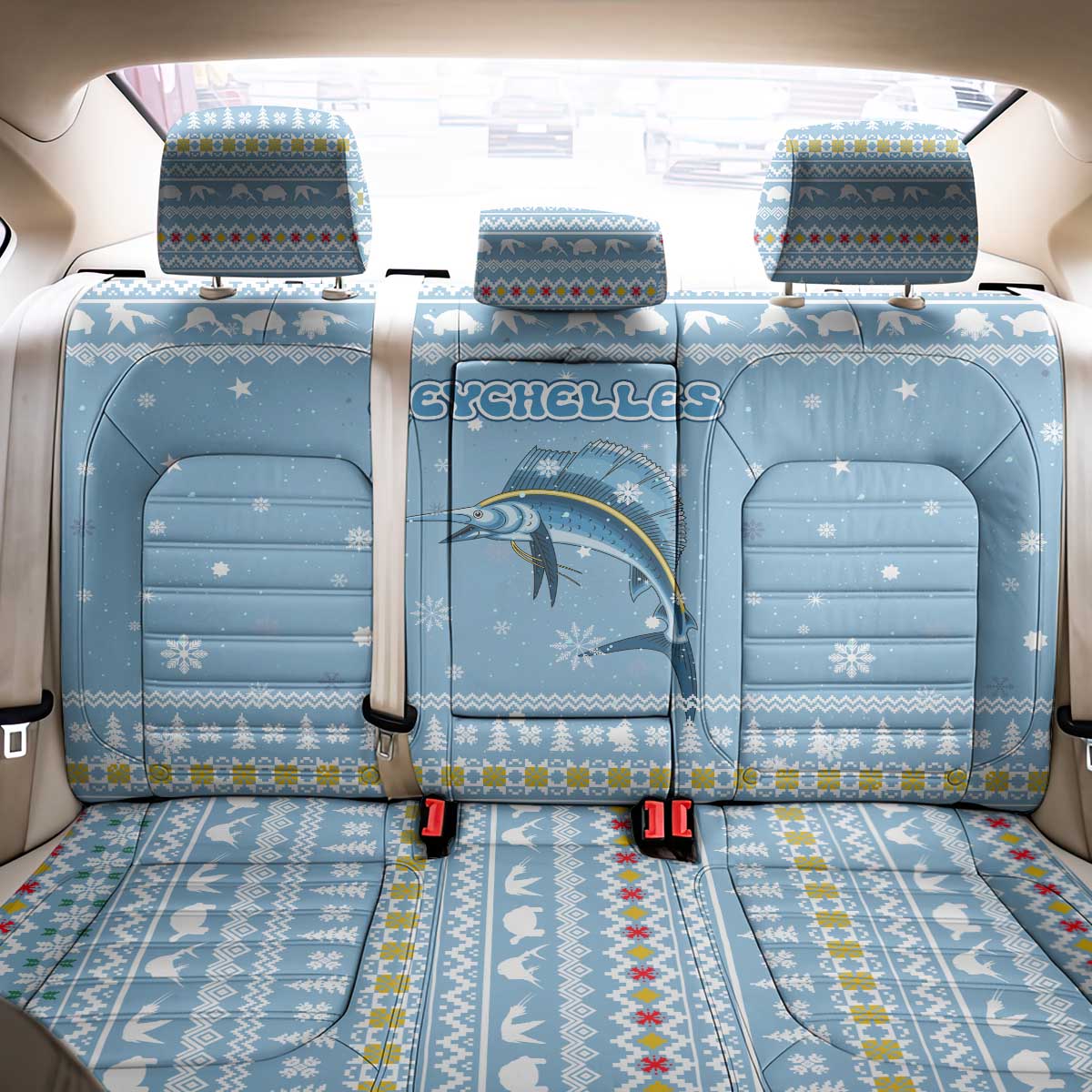 Seychelles Christmas Back Car Seat Cover Ocean Blue Marlin Fish Artwork and Surfing Santa Motif - African Pride