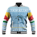 Seychelles Christmas Baseball Jacket Ocean Blue Marlin Fish Artwork and Surfing Santa Motif - African Pride