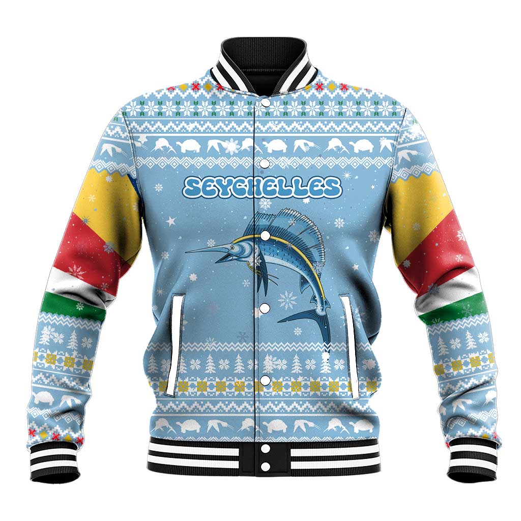 Seychelles Christmas Baseball Jacket Ocean Blue Marlin Fish Artwork and Surfing Santa Motif - African Pride