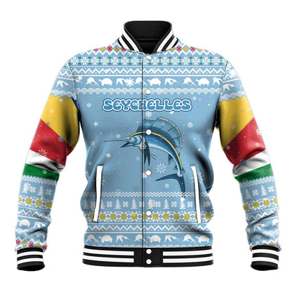 Seychelles Christmas Baseball Jacket Ocean Blue Marlin Fish Artwork and Surfing Santa Motif - African Pride