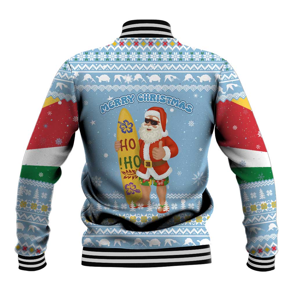 Seychelles Christmas Baseball Jacket Ocean Blue Marlin Fish Artwork and Surfing Santa Motif - African Pride