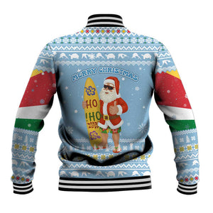 Seychelles Christmas Baseball Jacket Ocean Blue Marlin Fish Artwork and Surfing Santa Motif - African Pride