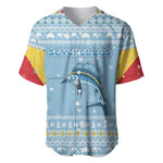 Seychelles Christmas Baseball Jersey Ocean Blue Marlin Fish Artwork and Surfing Santa Motif - African Pride