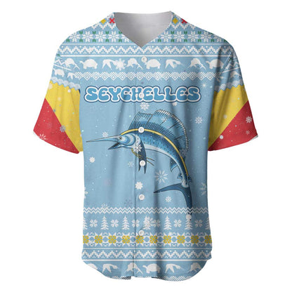 Seychelles Christmas Baseball Jersey Ocean Blue Marlin Fish Artwork and Surfing Santa Motif - African Pride