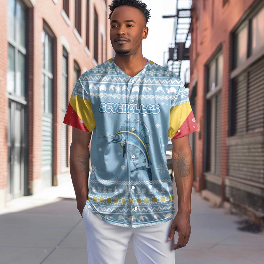 Seychelles Christmas Baseball Jersey Ocean Blue Marlin Fish Artwork and Surfing Santa Motif - African Pride
