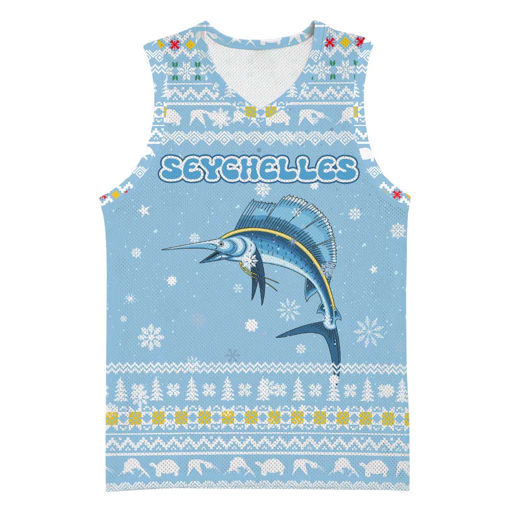 Seychelles Christmas Basketball Jersey Ocean Blue Marlin Fish Artwork and Surfing Santa Motif - African Pride