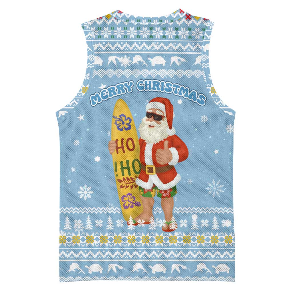 Seychelles Christmas Basketball Jersey Ocean Blue Marlin Fish Artwork and Surfing Santa Motif - African Pride