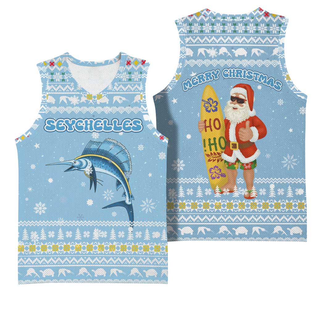 Seychelles Christmas Basketball Jersey Ocean Blue Marlin Fish Artwork and Surfing Santa Motif - African Pride