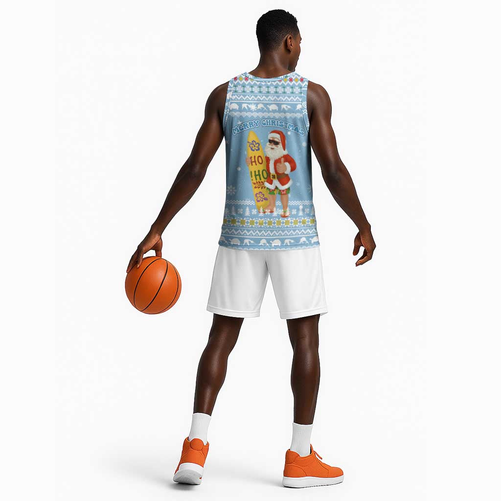 Seychelles Christmas Basketball Jersey Ocean Blue Marlin Fish Artwork and Surfing Santa Motif - African Pride
