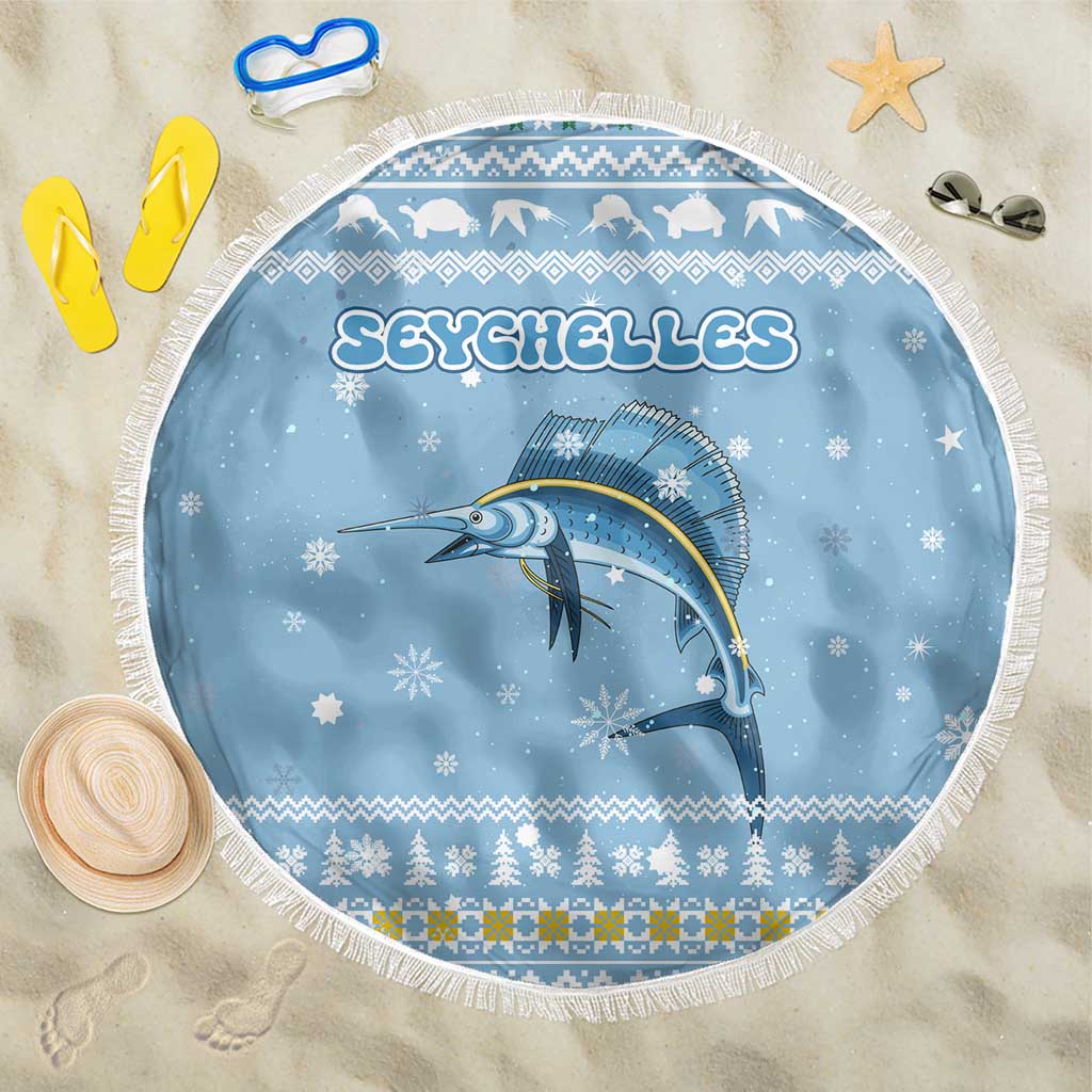 Seychelles Christmas Beach Blanket Ocean Blue Marlin Fish Artwork and Surfing Santa Motif - African Pride