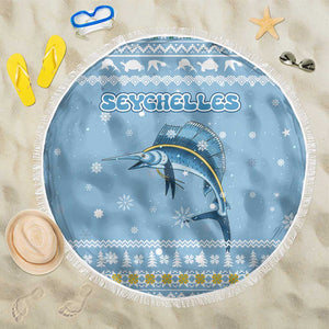 Seychelles Christmas Beach Blanket Ocean Blue Marlin Fish Artwork and Surfing Santa Motif - African Pride
