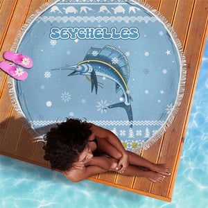 Seychelles Christmas Beach Blanket Ocean Blue Marlin Fish Artwork and Surfing Santa Motif - African Pride