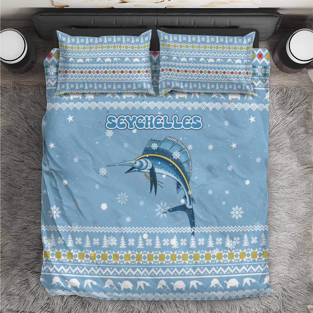 Seychelles Christmas Bedding Set Ocean Blue Marlin Fish Artwork and Surfing Santa Motif - African Pride