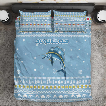 Seychelles Christmas Bedding Set Ocean Blue Marlin Fish Artwork and Surfing Santa Motif - African Pride