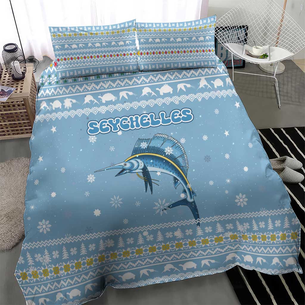 Seychelles Christmas Bedding Set Ocean Blue Marlin Fish Artwork and Surfing Santa Motif - African Pride