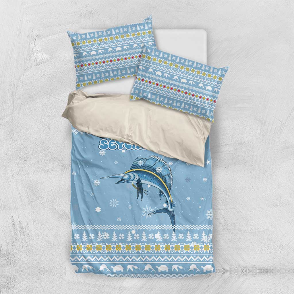 Seychelles Christmas Bedding Set Ocean Blue Marlin Fish Artwork and Surfing Santa Motif - African Pride