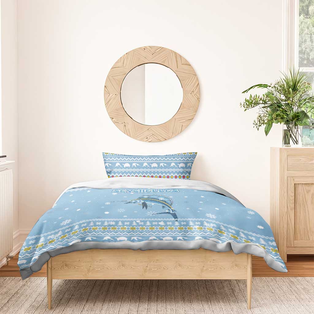 Seychelles Christmas Bedding Set Ocean Blue Marlin Fish Artwork and Surfing Santa Motif - African Pride