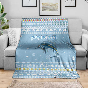 Seychelles Christmas Blanket Ocean Blue Marlin Fish Artwork and Surfing Santa Motif - African Pride