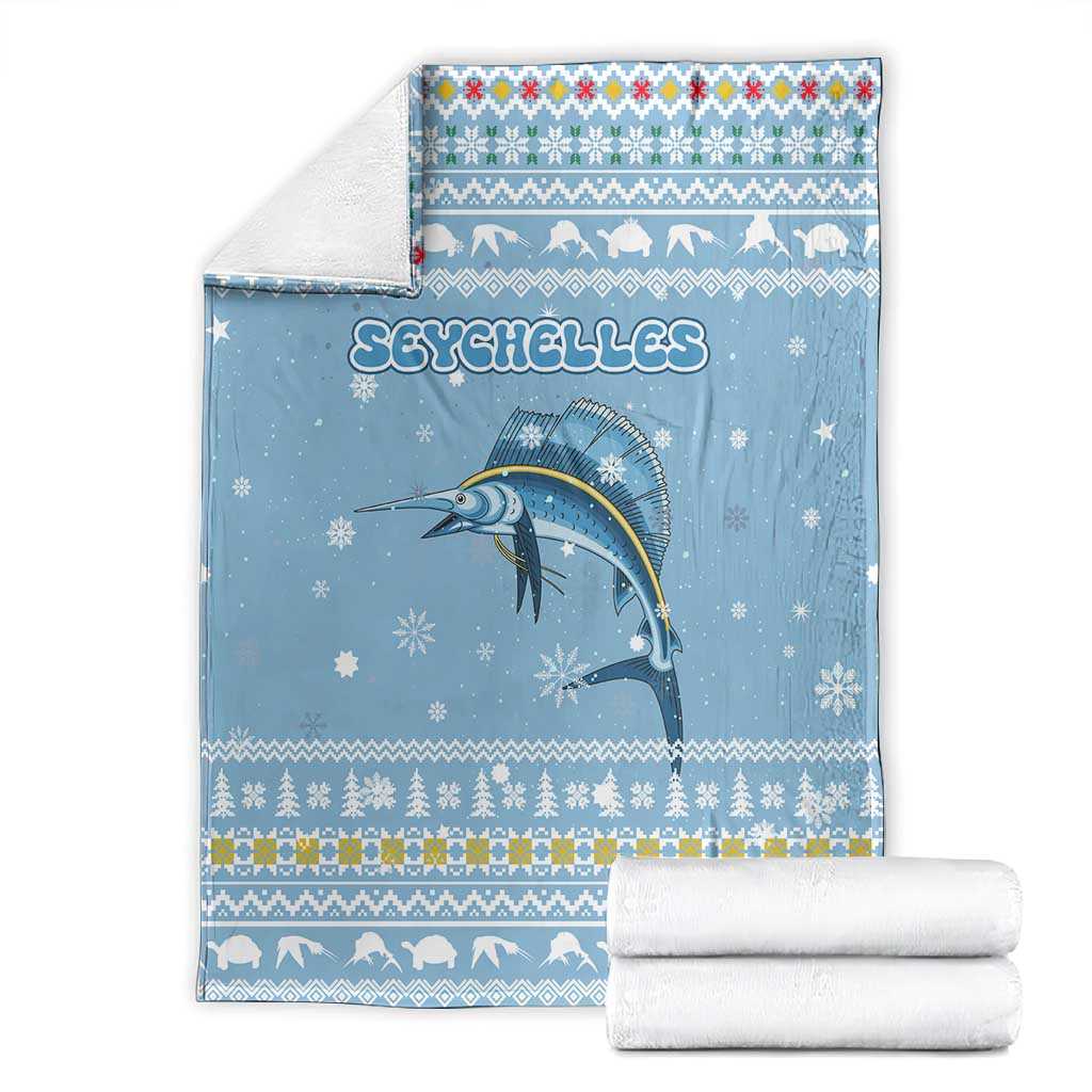 Seychelles Christmas Blanket Ocean Blue Marlin Fish Artwork and Surfing Santa Motif - African Pride