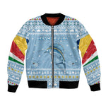Seychelles Christmas Bomber Jacket Ocean Blue Marlin Fish Artwork and Surfing Santa Motif - African Pride