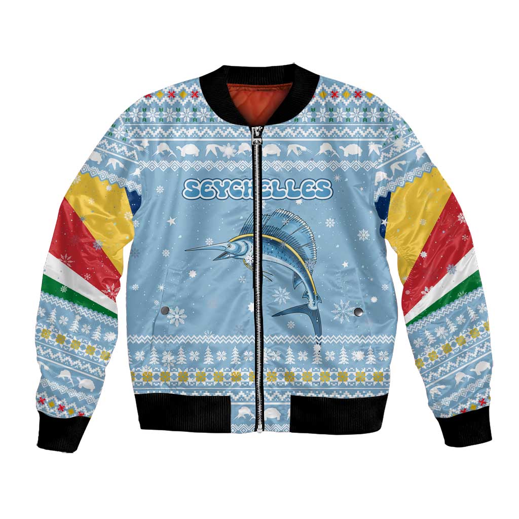 Seychelles Christmas Bomber Jacket Ocean Blue Marlin Fish Artwork and Surfing Santa Motif - African Pride