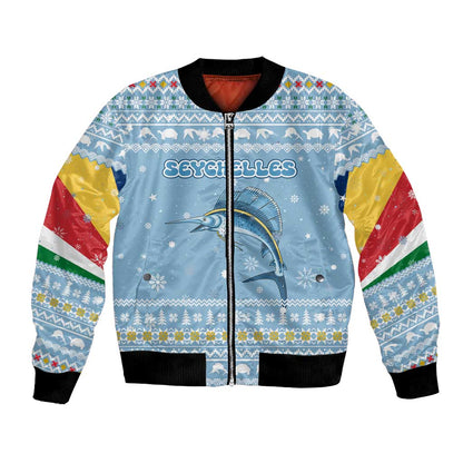 Seychelles Christmas Bomber Jacket Ocean Blue Marlin Fish Artwork and Surfing Santa Motif - African Pride