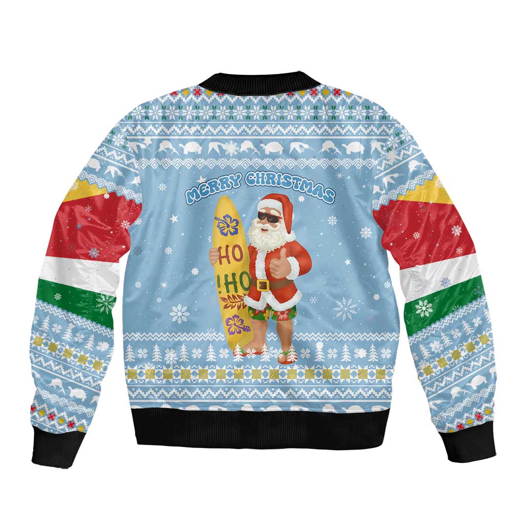 Seychelles Christmas Bomber Jacket Ocean Blue Marlin Fish Artwork and Surfing Santa Motif - African Pride