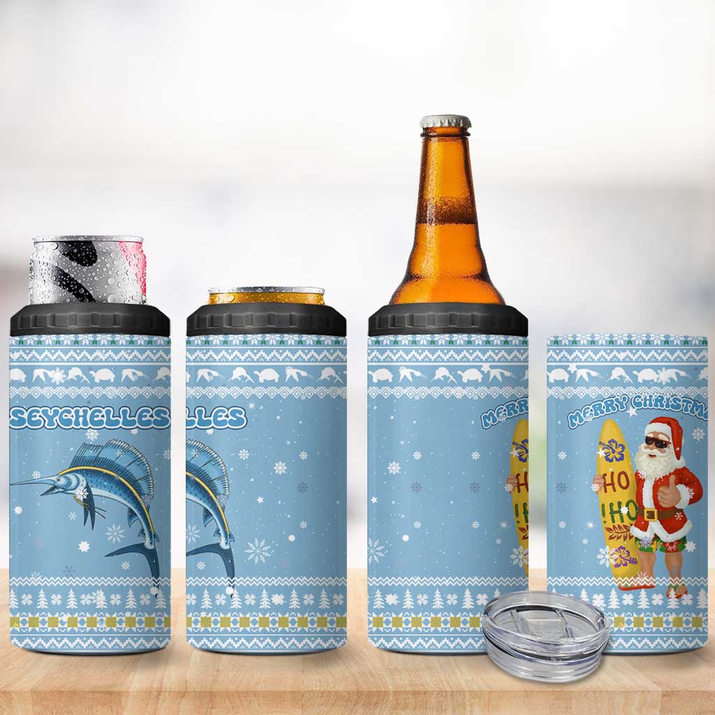 Seychelles Christmas 4 in 1 Can Cooler Tumbler Ocean Blue Marlin Fish Artwork and Surfing Santa Motif - African Pride