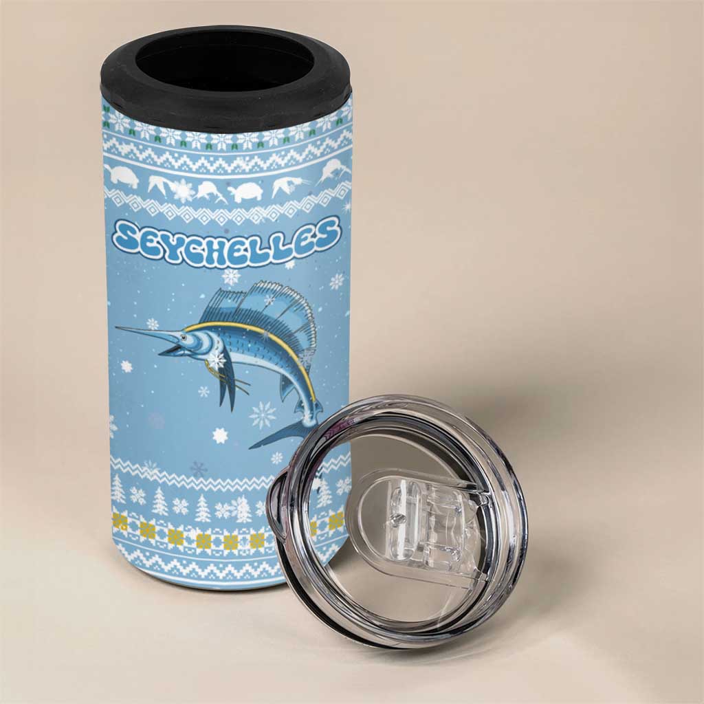 Seychelles Christmas 4 in 1 Can Cooler Tumbler Ocean Blue Marlin Fish Artwork and Surfing Santa Motif - African Pride