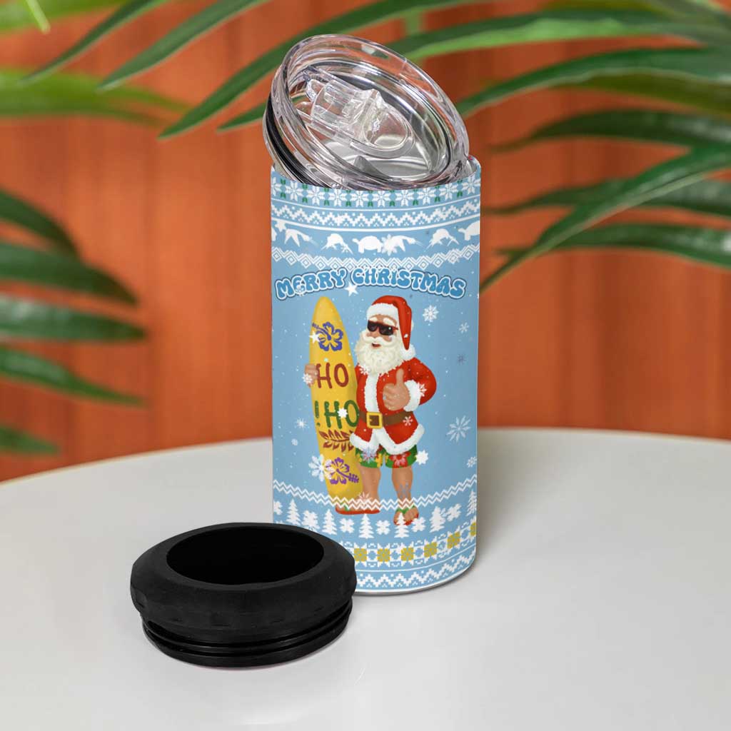 Seychelles Christmas 4 in 1 Can Cooler Tumbler Ocean Blue Marlin Fish Artwork and Surfing Santa Motif - African Pride