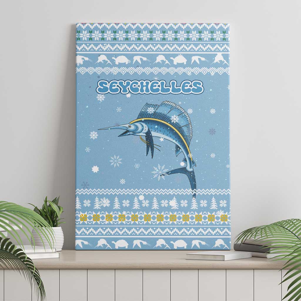 Seychelles Christmas Canvas Wall Art Ocean Blue Marlin Fish Artwork and Surfing Santa Motif - African Pride