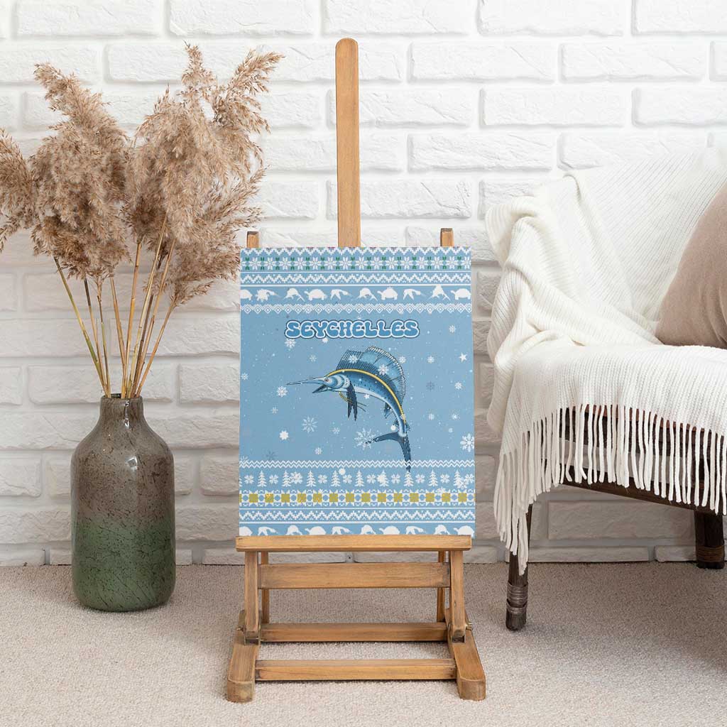Seychelles Christmas Canvas Wall Art Ocean Blue Marlin Fish Artwork and Surfing Santa Motif - African Pride