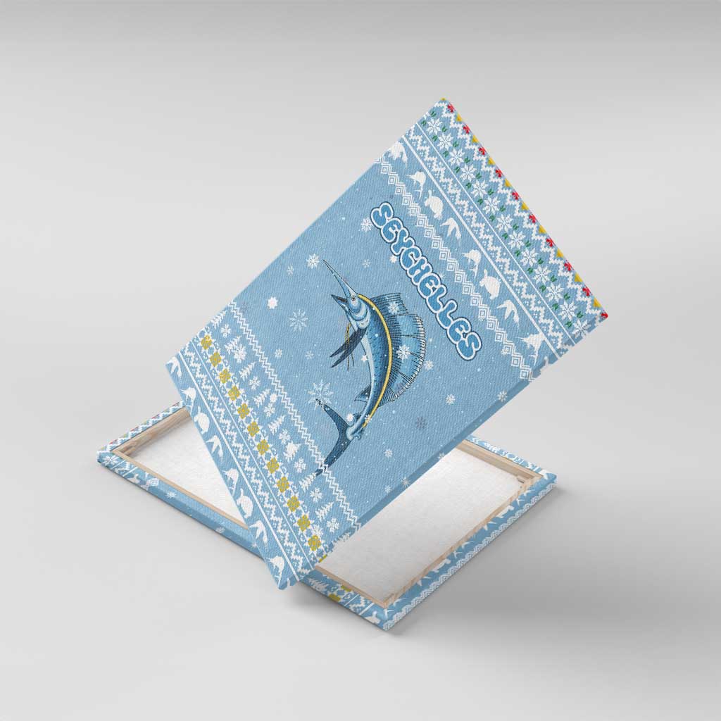 Seychelles Christmas Canvas Wall Art Ocean Blue Marlin Fish Artwork and Surfing Santa Motif - African Pride