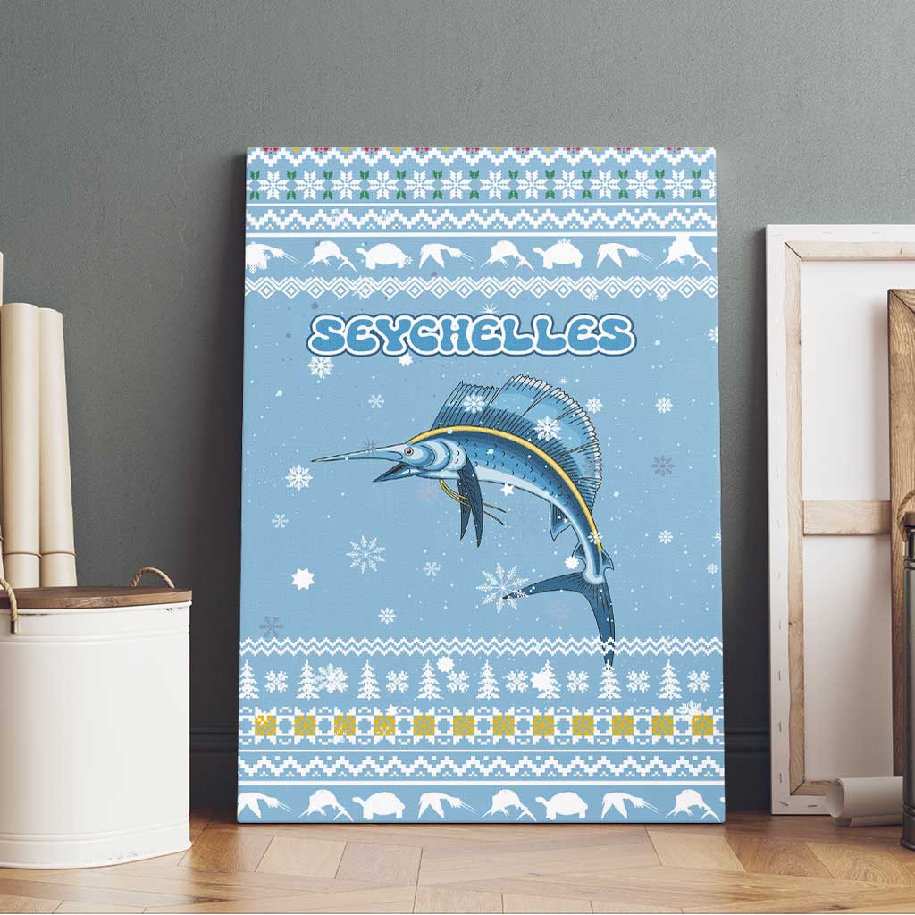 Seychelles Christmas Canvas Wall Art Ocean Blue Marlin Fish Artwork and Surfing Santa Motif - African Pride