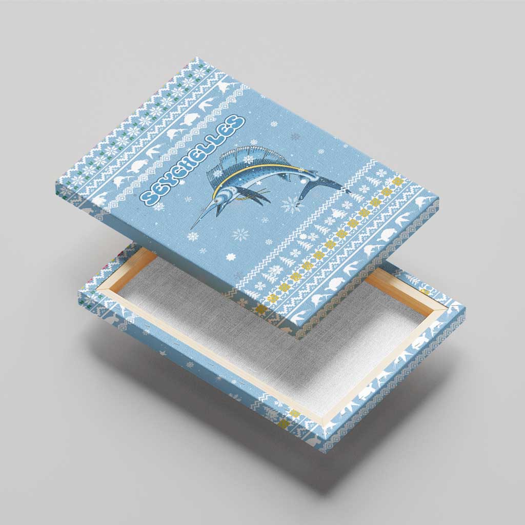 Seychelles Christmas Canvas Wall Art Ocean Blue Marlin Fish Artwork and Surfing Santa Motif - African Pride