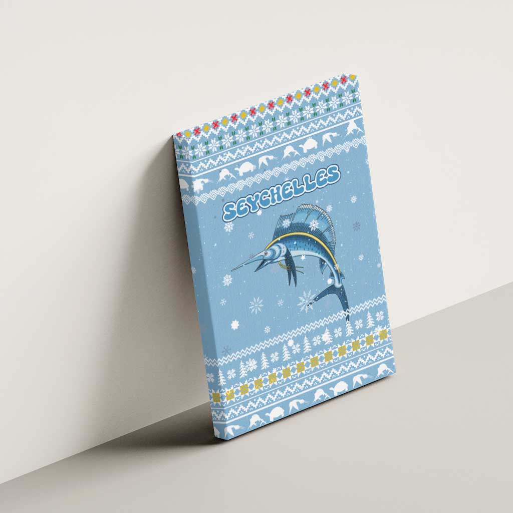 Seychelles Christmas Canvas Wall Art Ocean Blue Marlin Fish Artwork and Surfing Santa Motif - African Pride