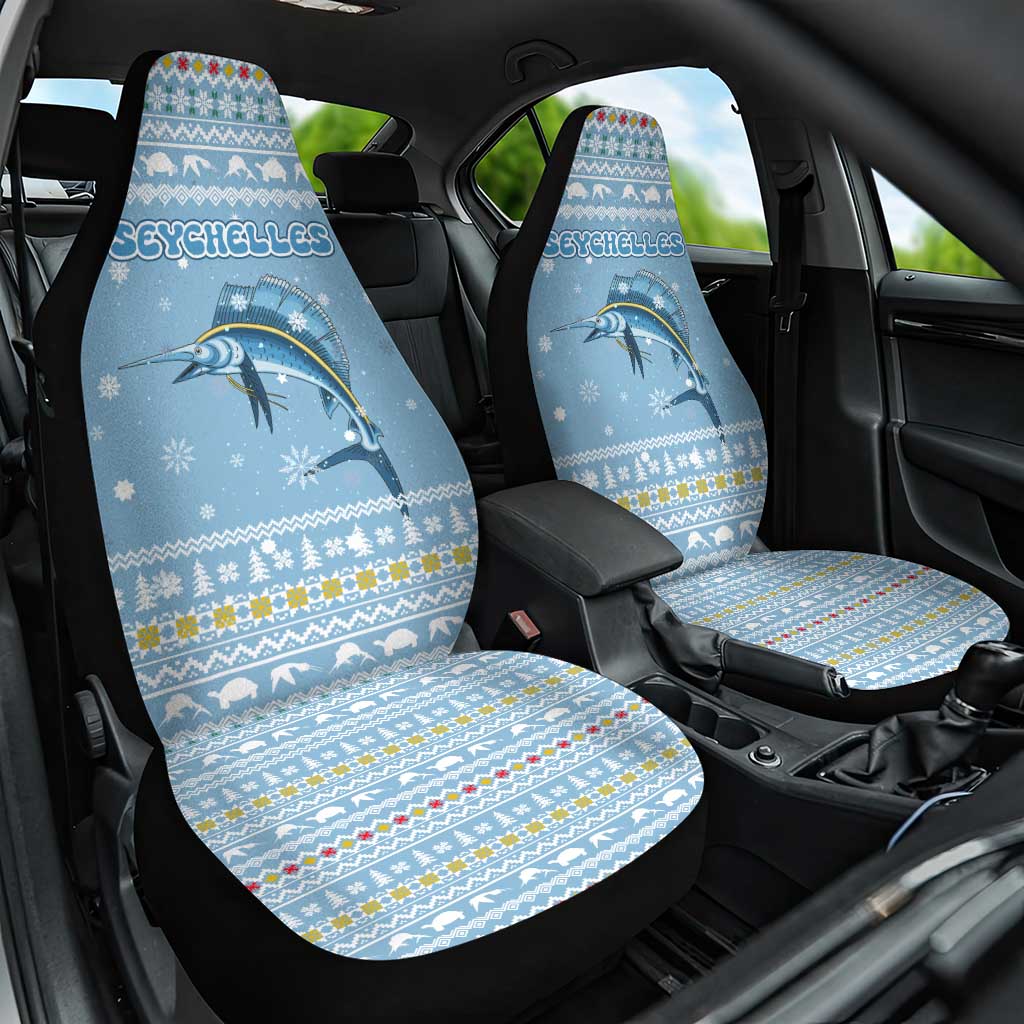 Seychelles Christmas Car Seat Cover Ocean Blue Marlin Fish Artwork and Surfing Santa Motif - African Pride