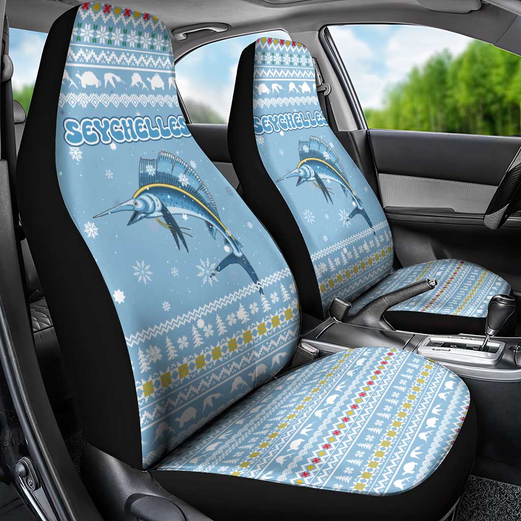 Seychelles Christmas Car Seat Cover Ocean Blue Marlin Fish Artwork and Surfing Santa Motif - African Pride