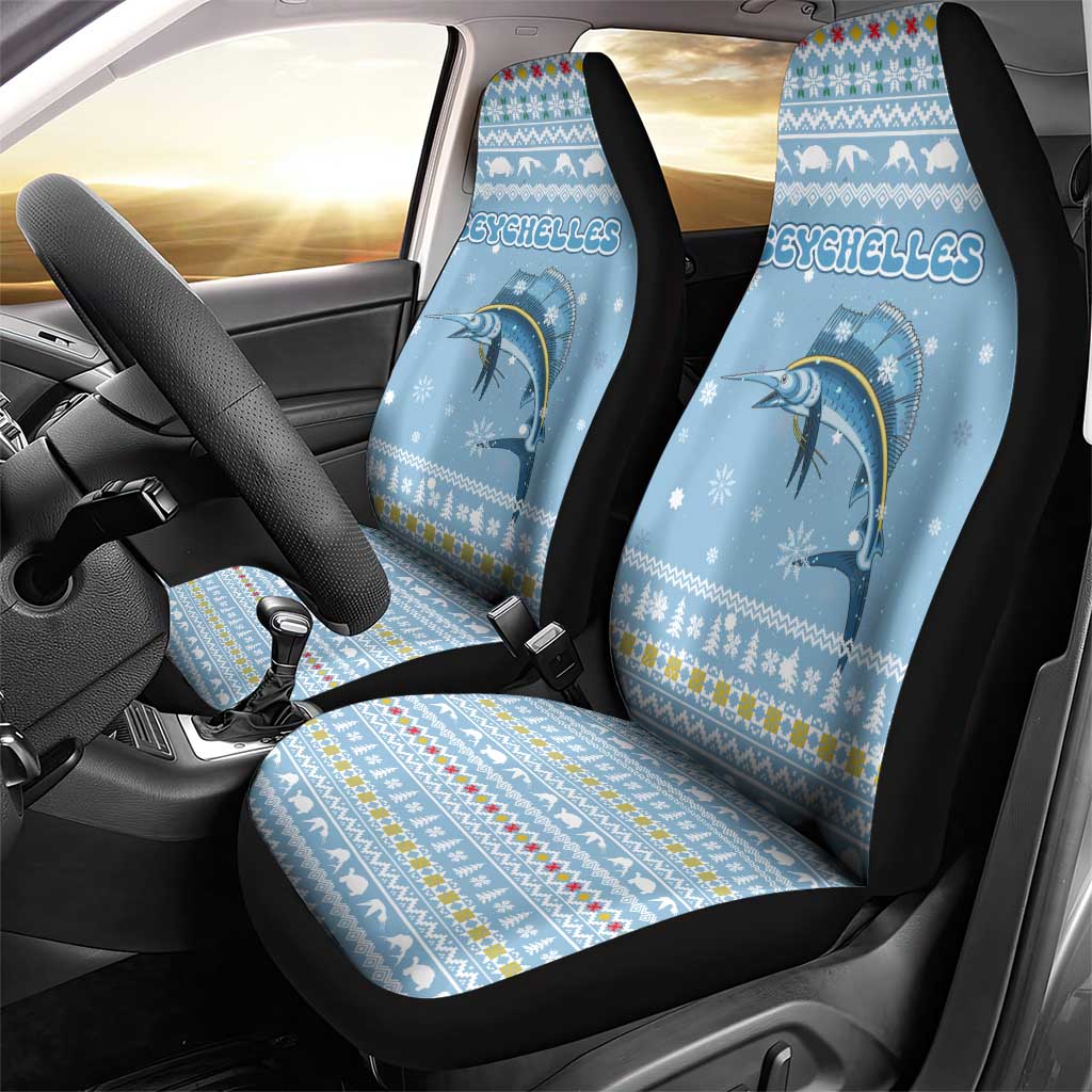 Seychelles Christmas Car Seat Cover Ocean Blue Marlin Fish Artwork and Surfing Santa Motif - African Pride