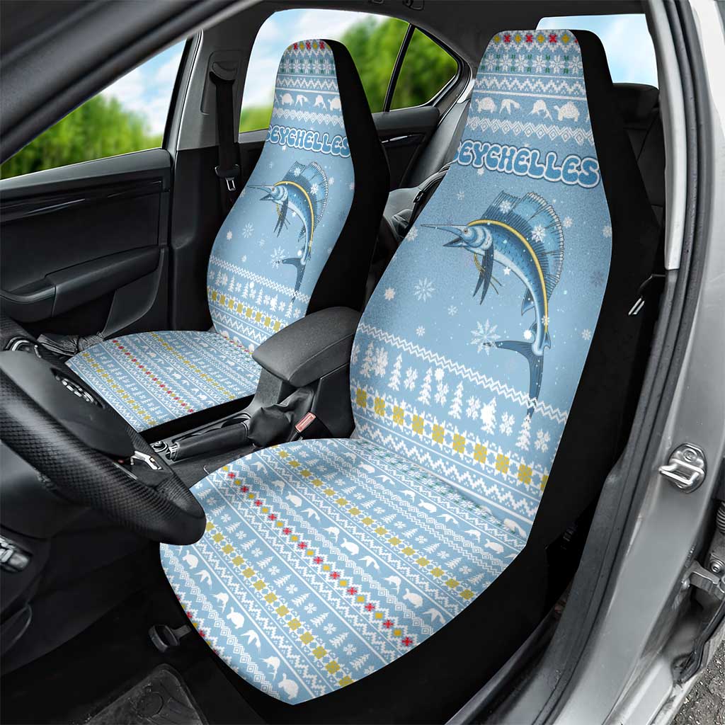 Seychelles Christmas Car Seat Cover Ocean Blue Marlin Fish Artwork and Surfing Santa Motif - African Pride