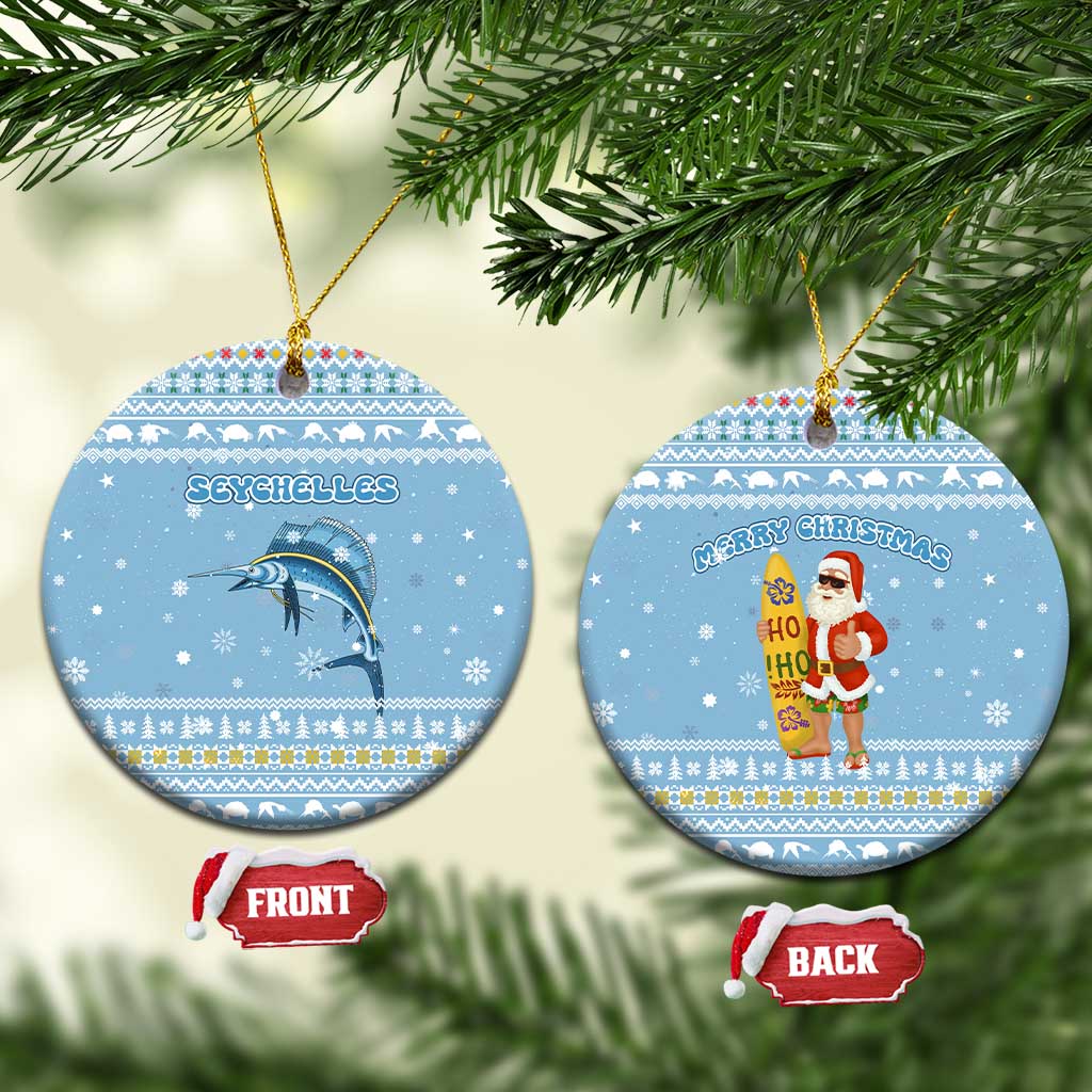 Seychelles Christmas Ceramic Ornament Ocean Blue Marlin Fish Artwork and Surfing Santa Motif - African Pride