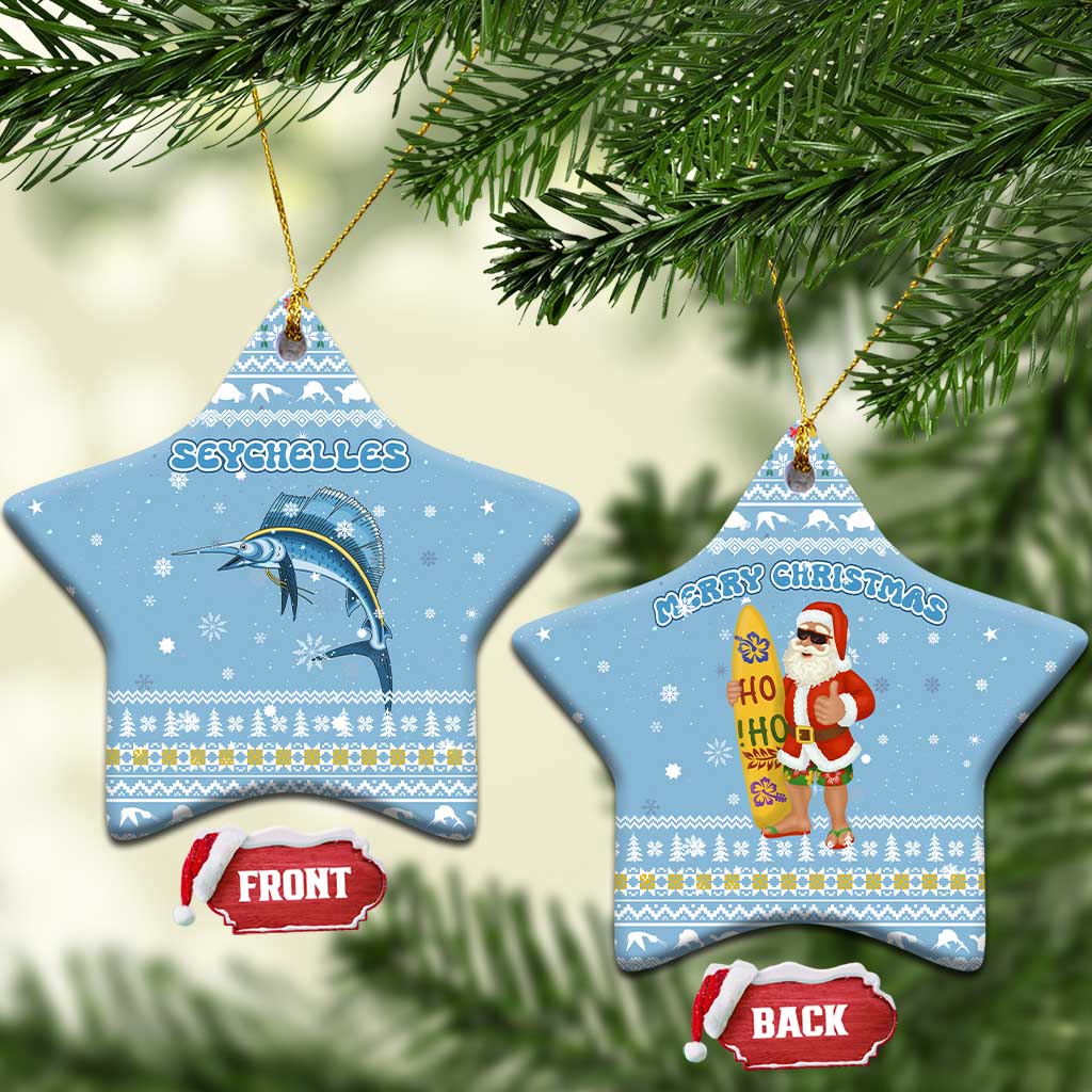 Seychelles Christmas Ceramic Ornament Ocean Blue Marlin Fish Artwork and Surfing Santa Motif - African Pride