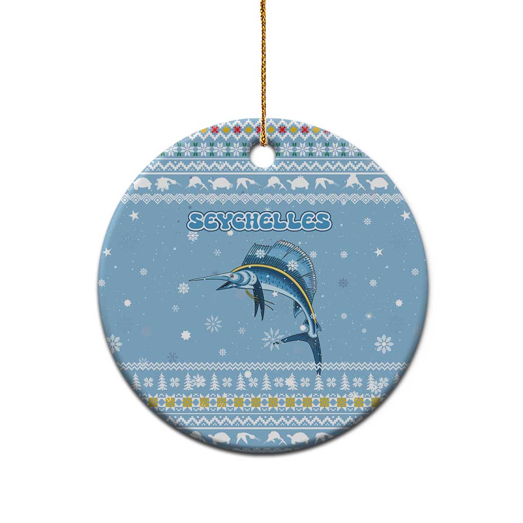 Seychelles Christmas Ceramic Ornament Ocean Blue Marlin Fish Artwork and Surfing Santa Motif - African Pride