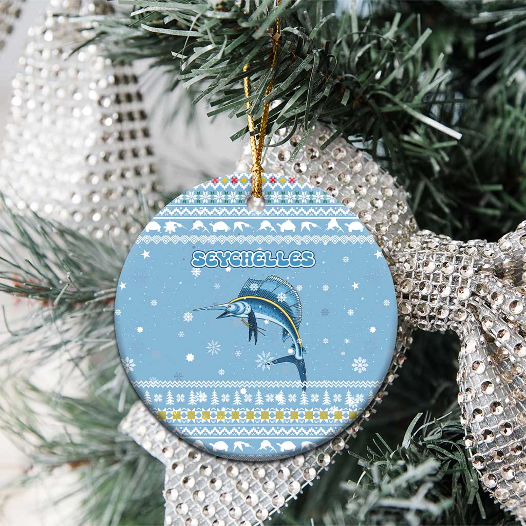 Seychelles Christmas Ceramic Ornament Ocean Blue Marlin Fish Artwork and Surfing Santa Motif - African Pride