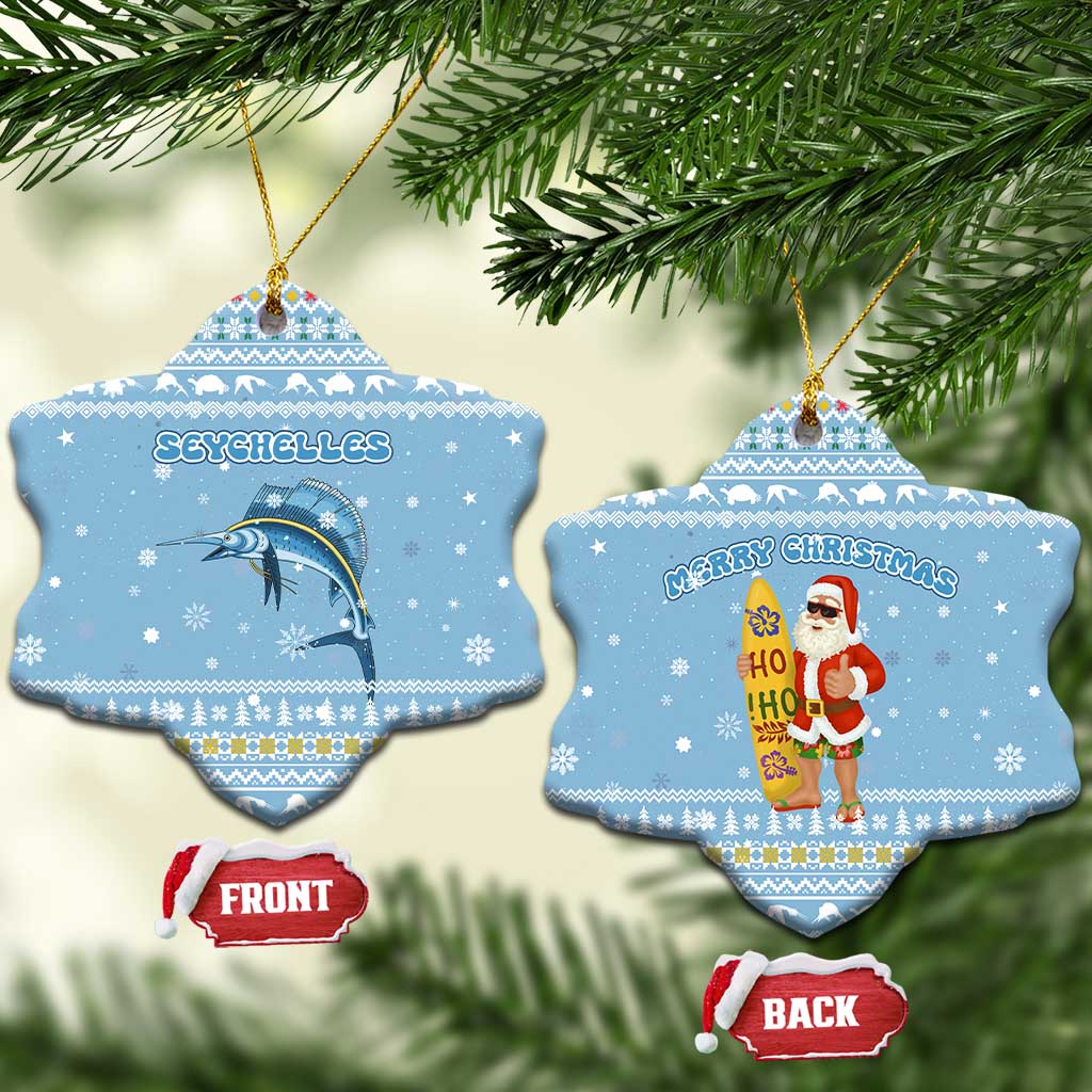 Seychelles Christmas Ceramic Ornament Ocean Blue Marlin Fish Artwork and Surfing Santa Motif - African Pride