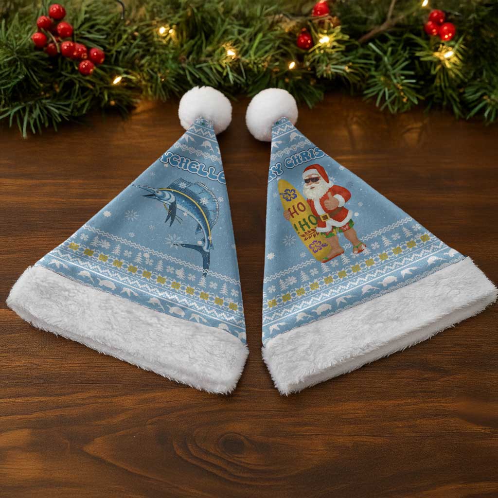 Seychelles Christmas Santa Hat Ocean Blue Marlin Fish Artwork and Surfing Santa Motif - African Pride